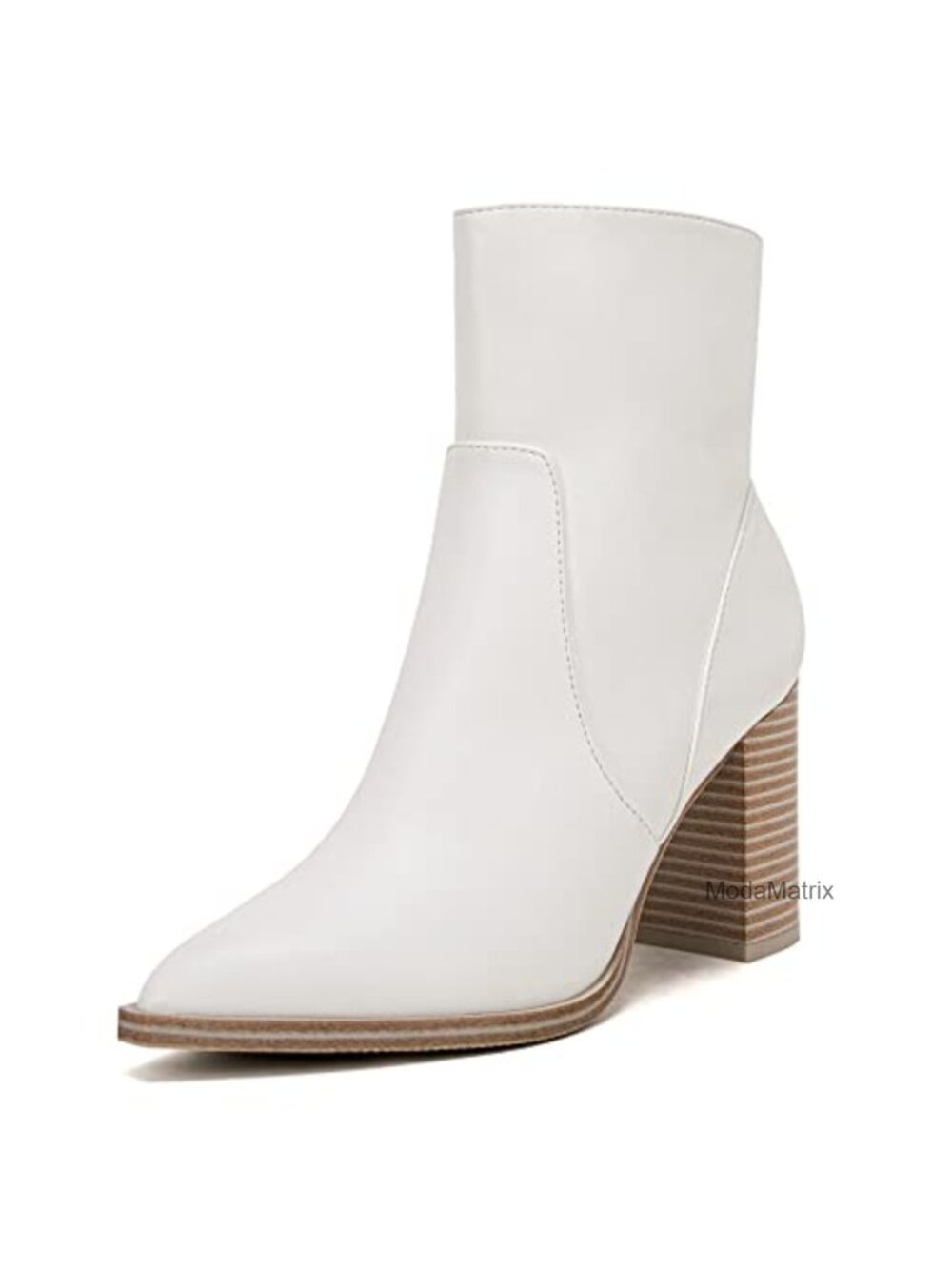 Pointed Toe Ankle Boots Chunky Stacked Heel Side Zipper Faux Leather
